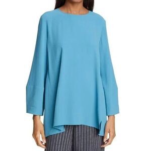 Eileen Fisher Womens Lantern Sleeve Georgette Silk Blouse Tunic Top Size SP Blue